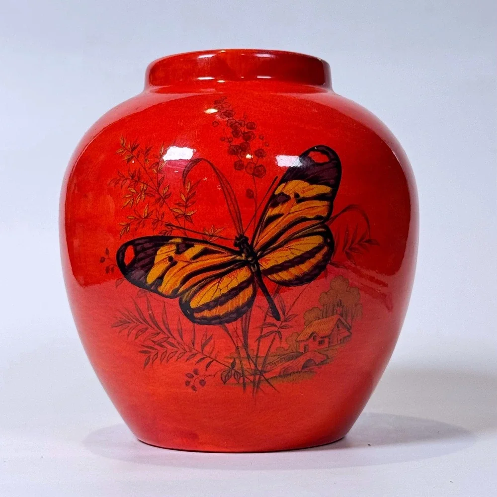 Vintage Holland Ceramic Red Butterfly Vase Signed Velma Hand Painted Ginger Jar